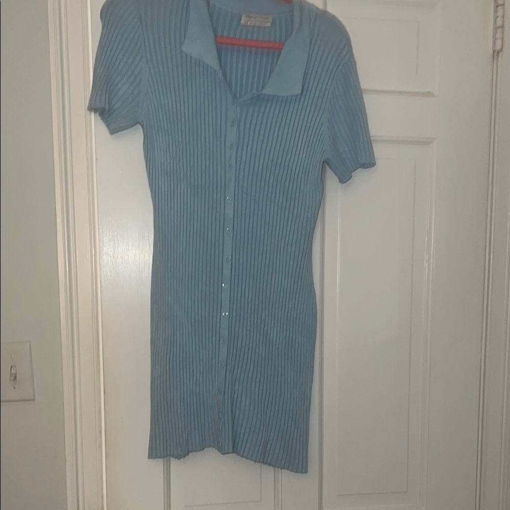 Blue Ribbed Button-Up Dress Urban Outfitters